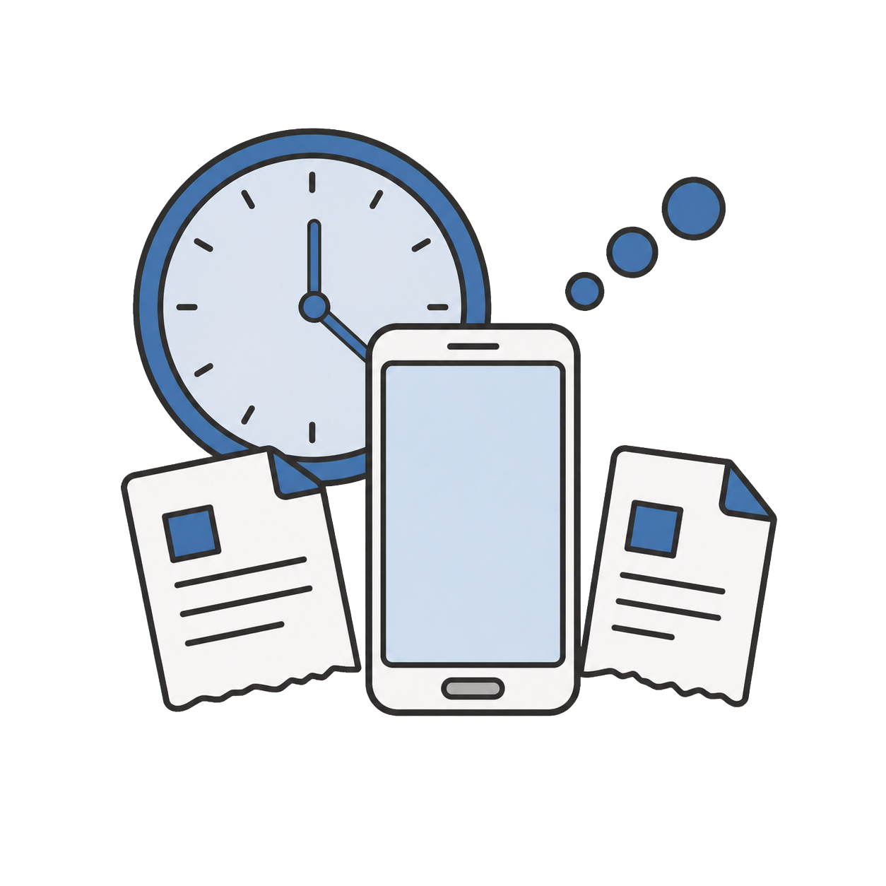 スマートフォン、時計、未処理の書類を表した線画