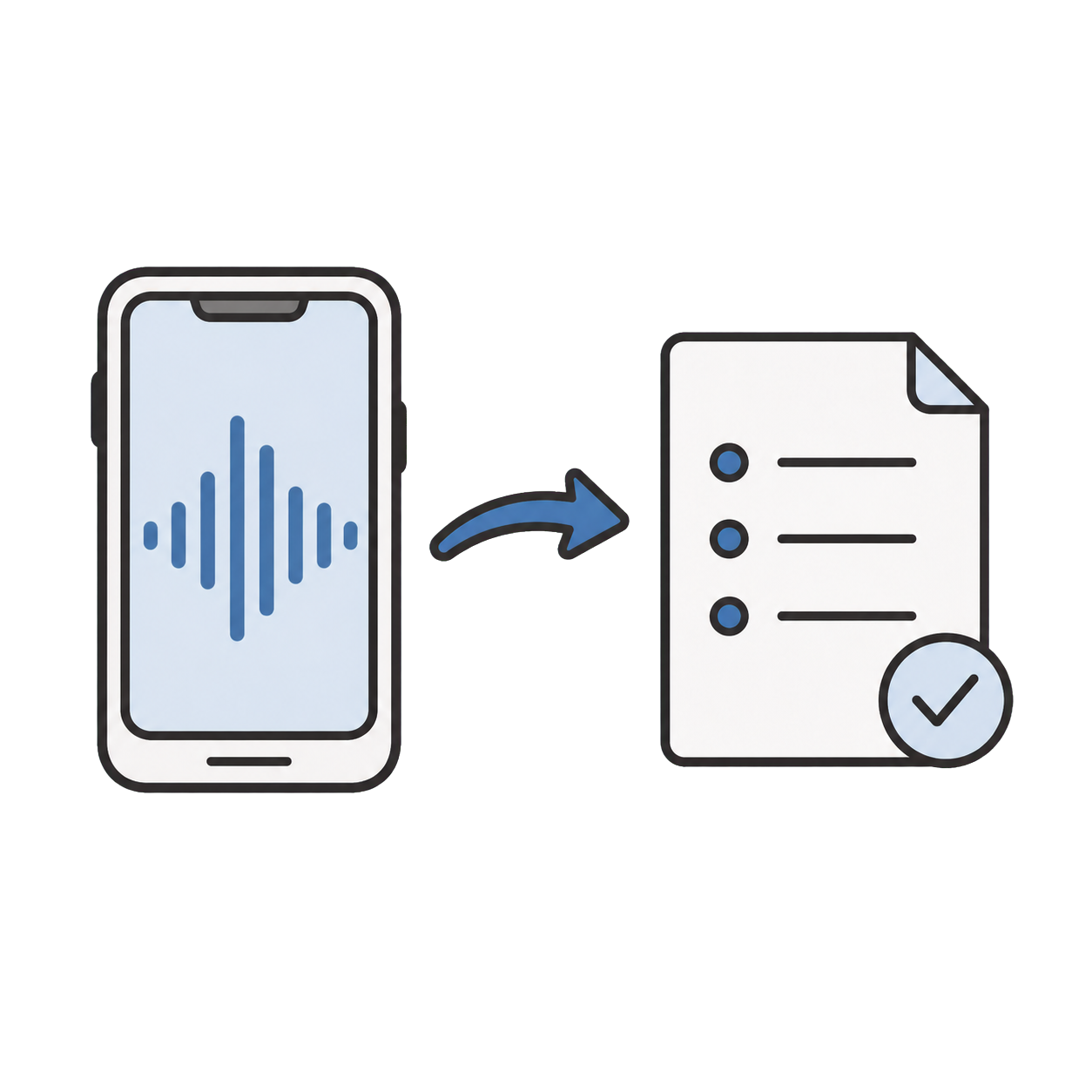 スマートフォンの音声から要点メモが作られる様子の線画